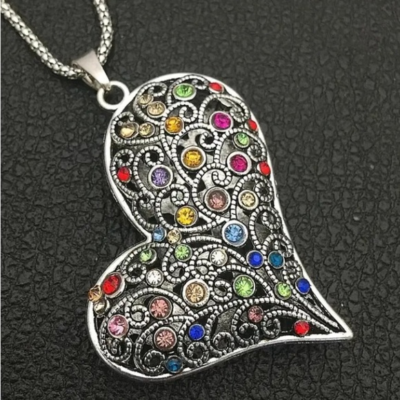 Multi-Colour Rhinestone Heart Necklace on Long 30” Chain - Picture 2 of 4